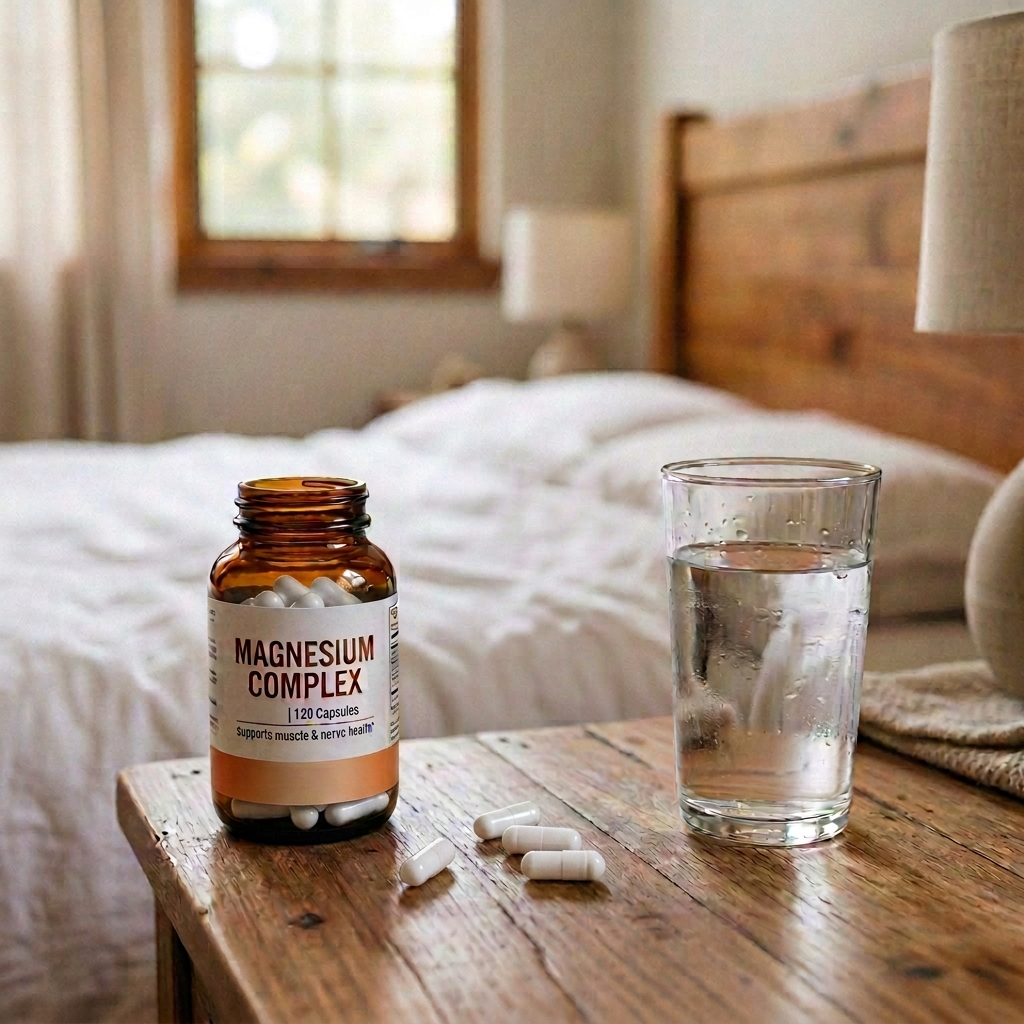 Magnesium supplement bottle, pill container, and glass of water on wooden bedside table