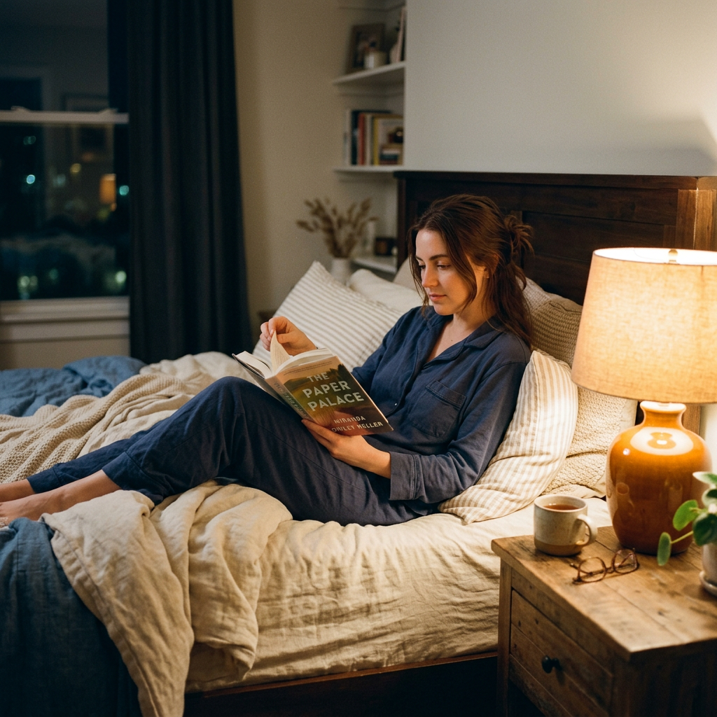 Woman reading The Paper Palace in bed beside a warm table lamp